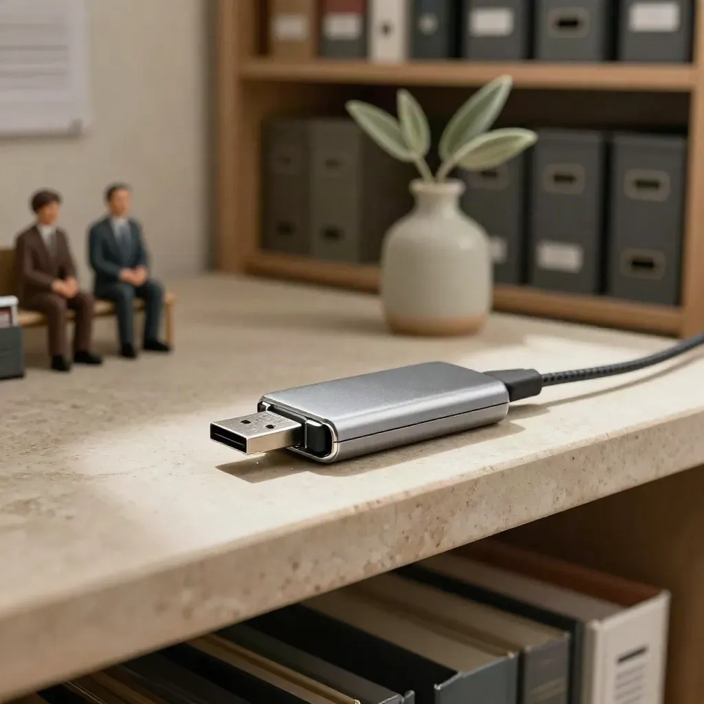 USB drive, kartu SD, dan hub kecil di rak arsip dengan cahaya lembut