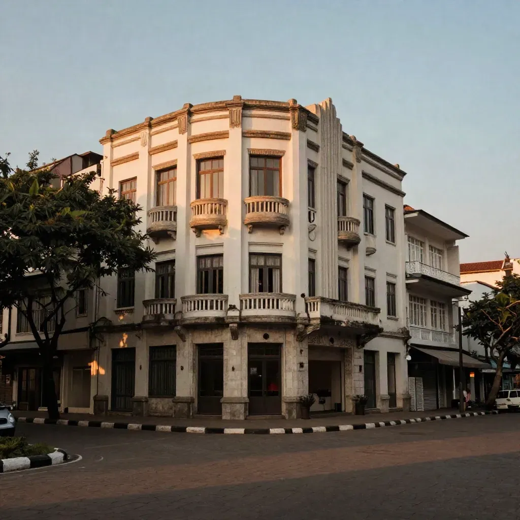 Koridor art deco Bandung saat senja, fasad heritage dan jalan tenang dengan ruang kosong untuk teks.