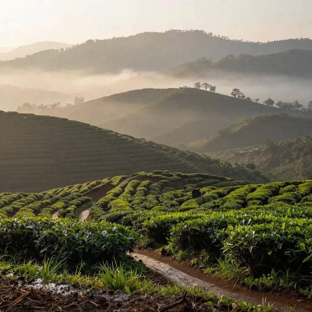 Kebun teh Pangalengan berkabut pagi dengan pegunungan Bandung yang berlapis