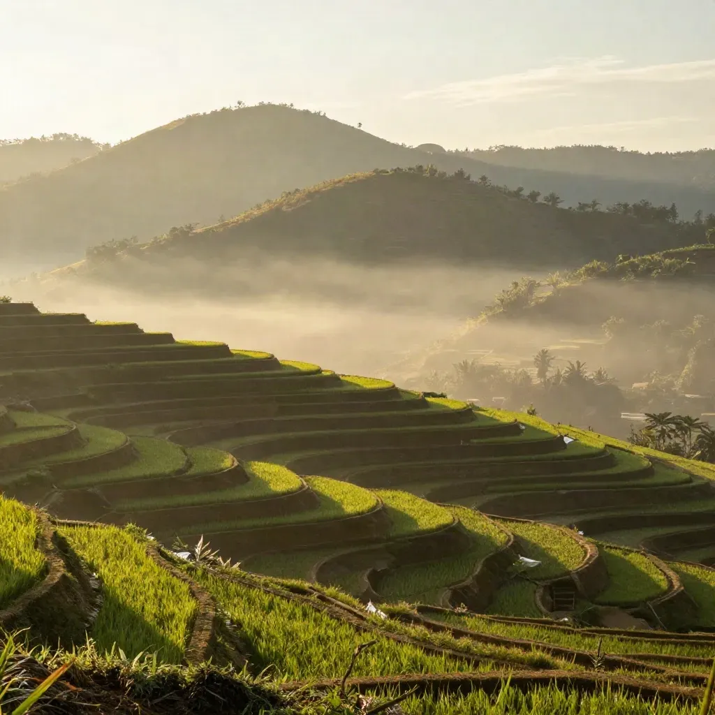 Lembah hijau Sumedang dengan sawah berlapis dan kabut pagi lembut di lereng bukit.