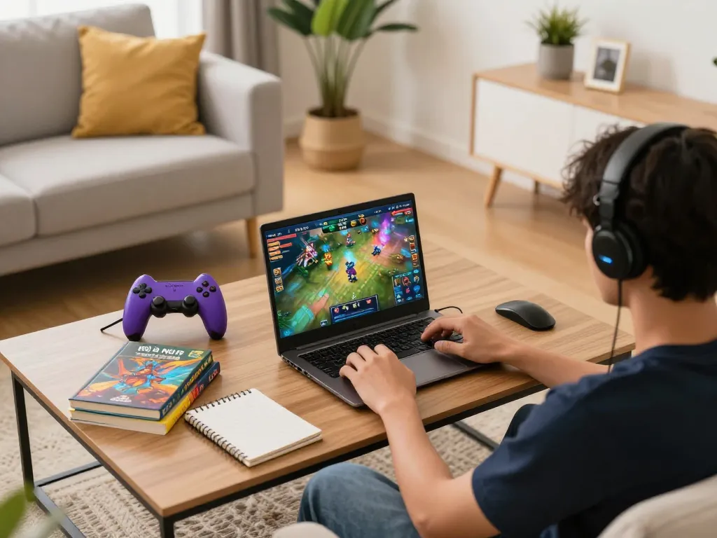 Engaging in game nổ hũ on a laptop in a cozy home gaming setup with colorful accessories.