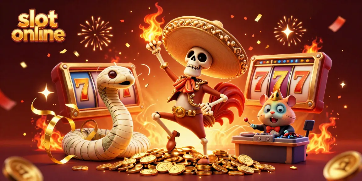 Memenangkan slot online dengan karakter meriah dan simbol keberuntungan di pemandangan kasino 3D.