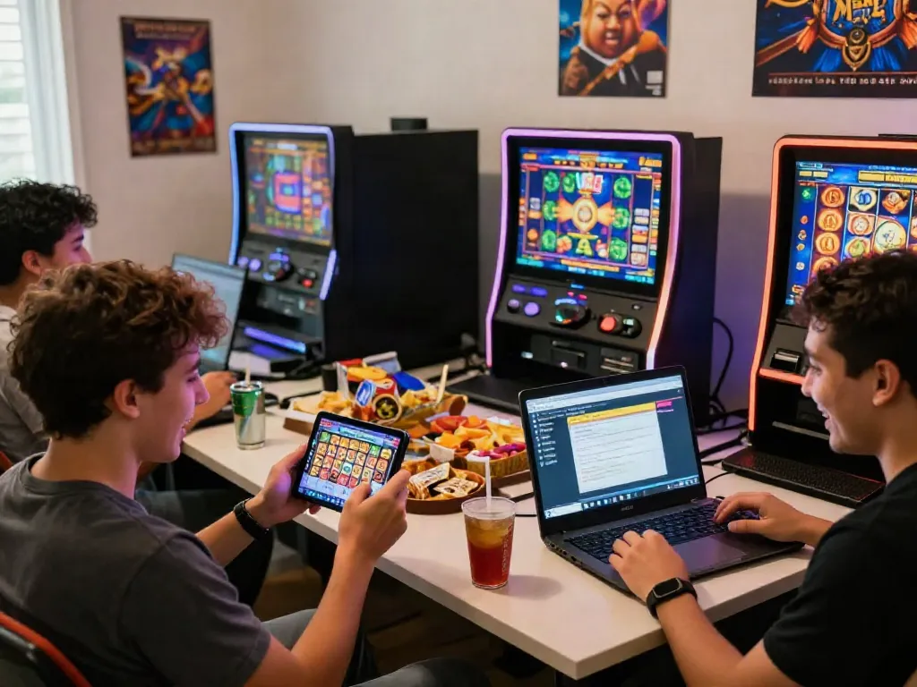 Players celebrating a slot gacor win with joy, engaging with Slot88 on devices.