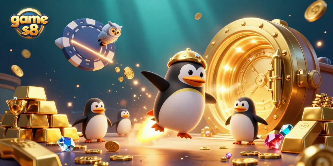 Engage with game s8 in this vibrant, dynamic scene featuring a golden penguin flying towards a casino chip.