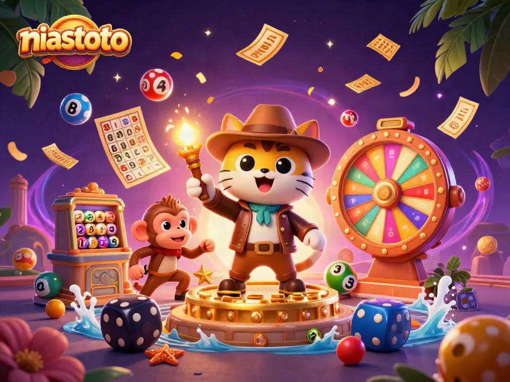 Menggali artefak kasino emas di niastoto yang dikelilingi bola lotere berwarna dan efek uang hujan.