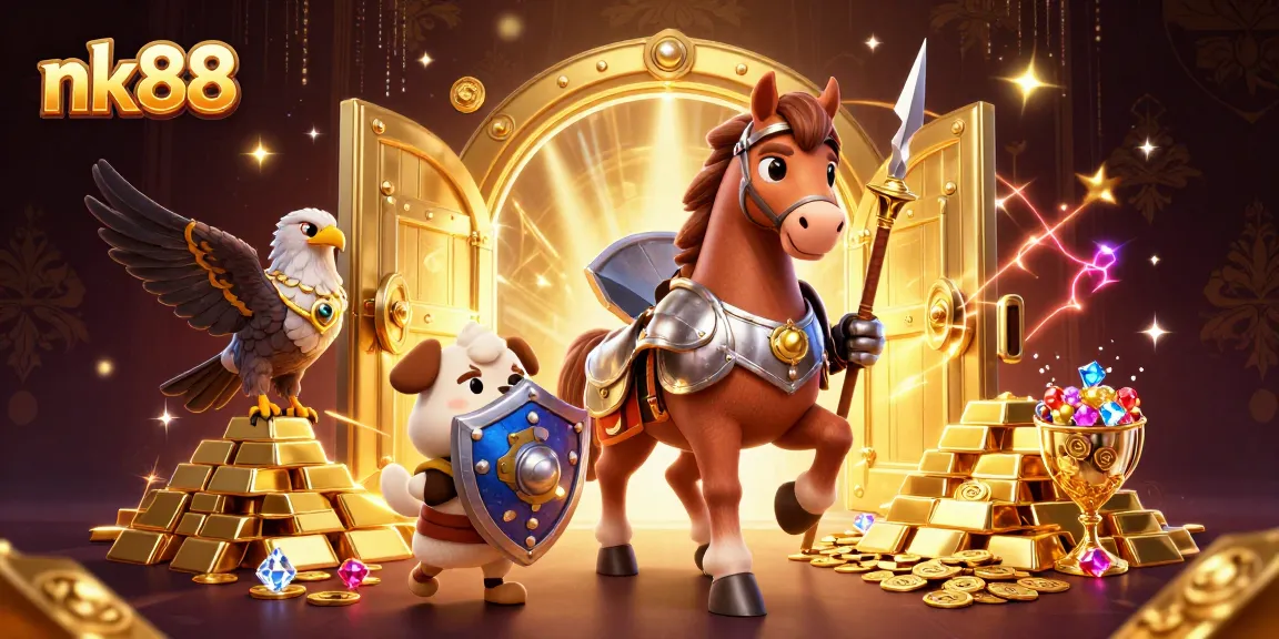 Engage in exciting gaming at nk88 with a vibrant 3D casino scene featuring a knight, puppy, and falcon.