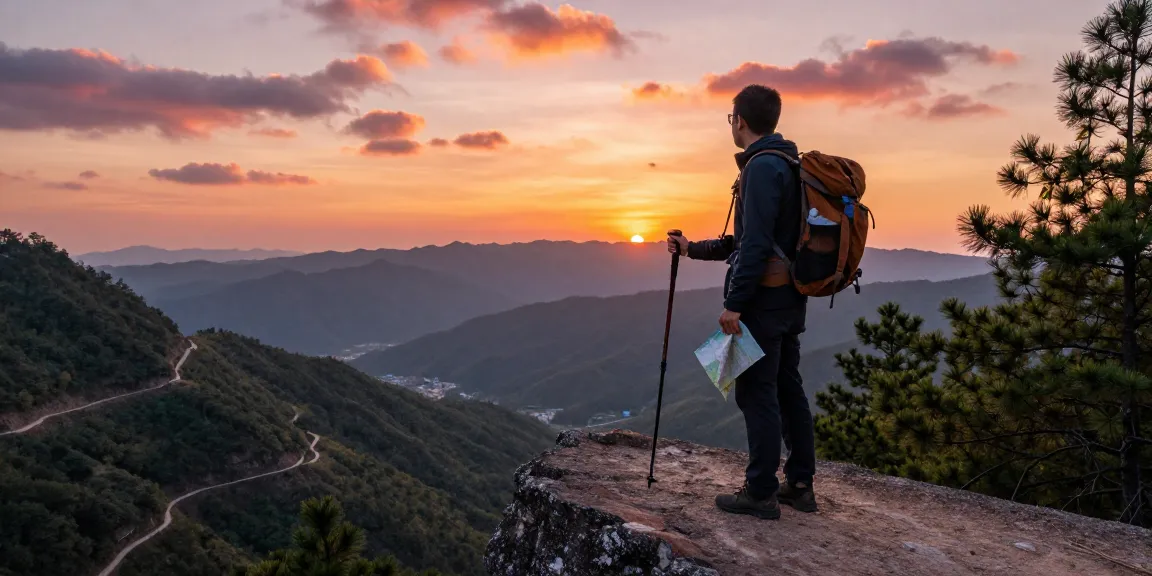 Pemandangan petualangan outdoor di tepi tebing dengan orang sedang menatap lembah indah sambil membawa ransel hiking, menggambarkan pengalaman bermain di situs neng4d.