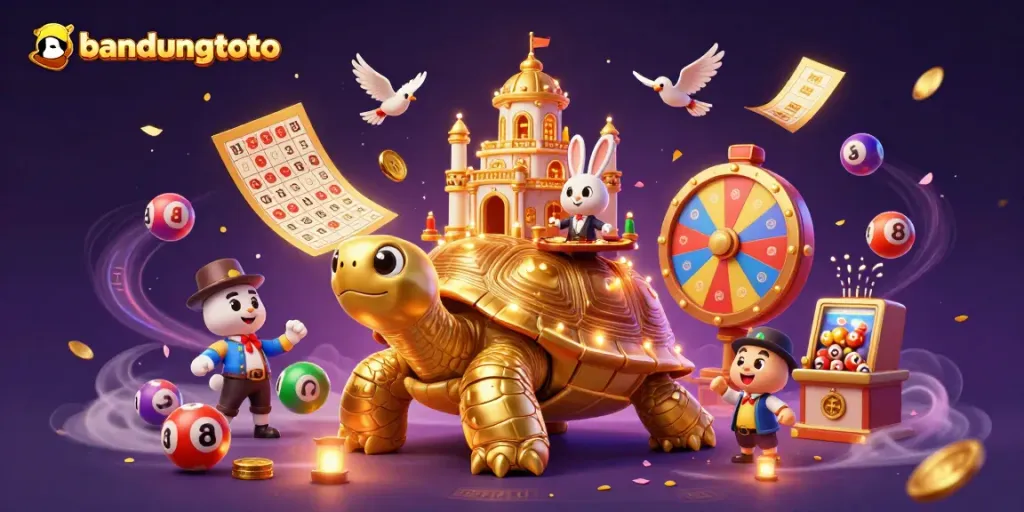 Engage with bandungtoto's golden tortoise casino scene featuring a rabbit dealer amidst colorful lottery elements.