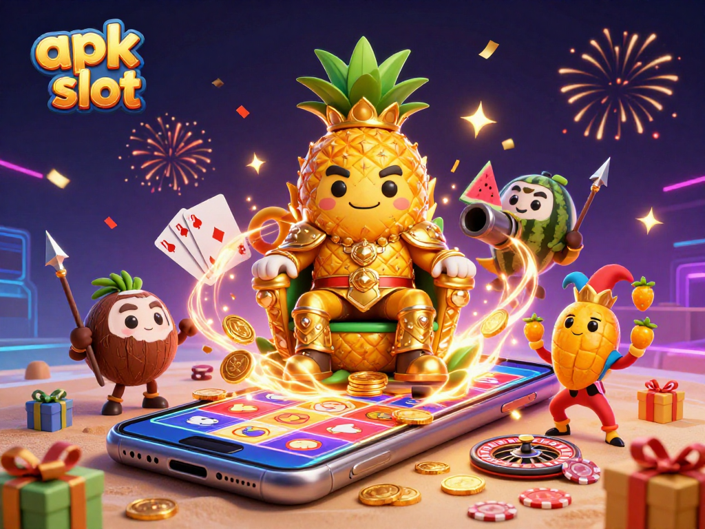 Permainan apk slot yang seru di kasino dengan raja nanas, jester, dan peti hadiah berkilau