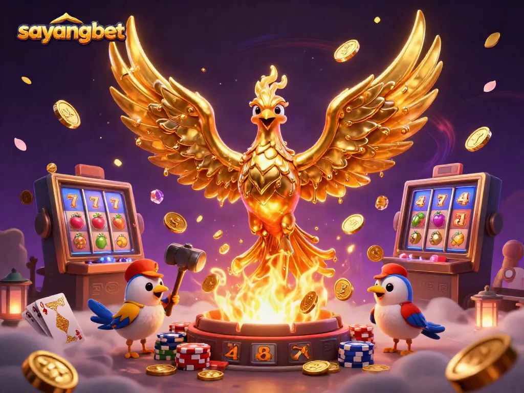Experience winning at sayangbet with this vibrant illustration of a golden phoenix amidst cascading coins and slot machines.