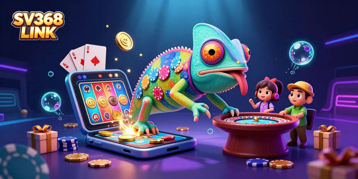 Experience winning moments with SV368 LINK in this vibrant casino scene featuring a chameleon and gaming elements.