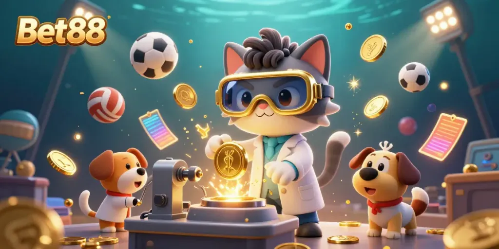Experience the excitement of Bet88 with a mad scientist cat and lab assistant in a vibrant 3D casino scene.