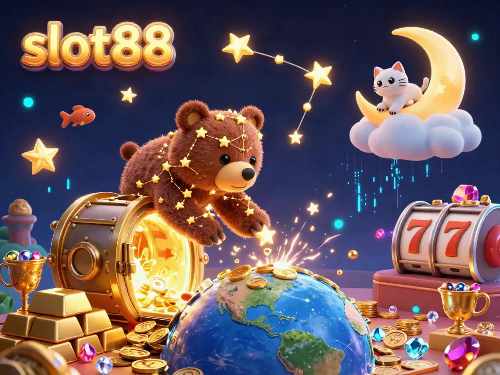 Experience thrilling slot88 wins with a constellation bear and magical treasures in a vibrant casino scene.