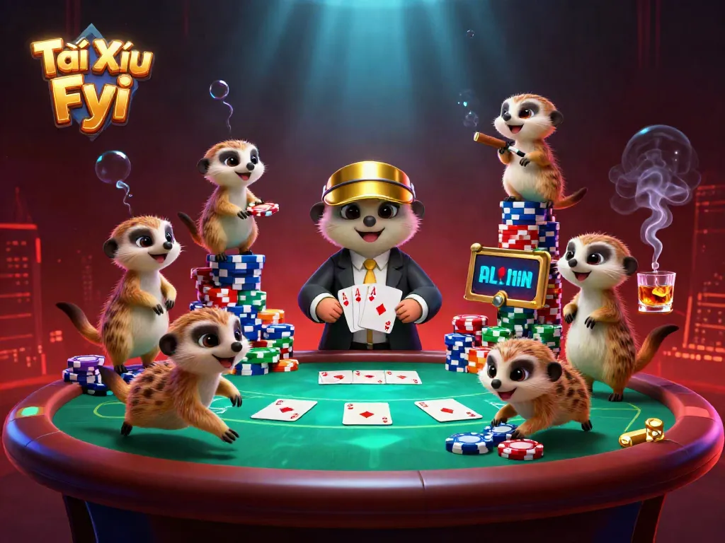 Tài Xỉu Fyi showcases an energetic scene of meerkats running a vibrant casino with poker chips and glowing effects.