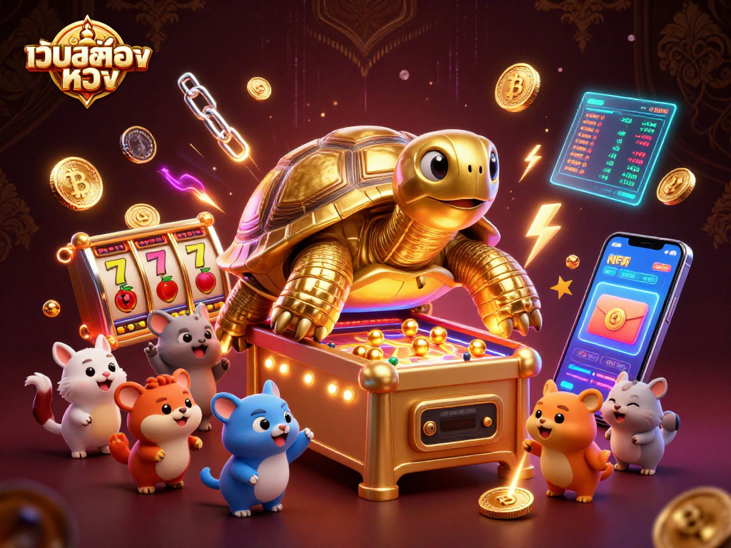 Experience the thrill of เว็บสล็อตตรง with a dynamic 3D scene featuring a golden tortoise pinball machine surrounded by vibrant game elements.