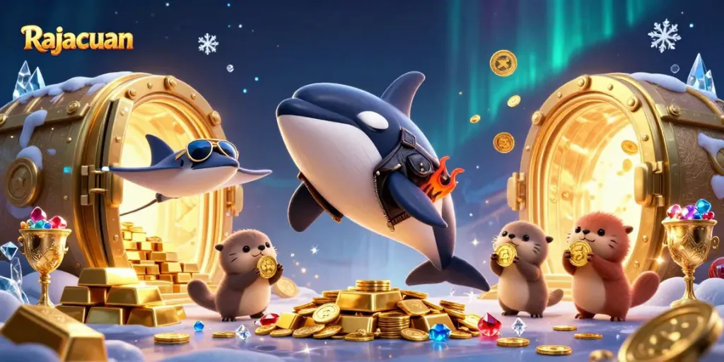 Rajacuan menampilkan orca, stingray, dan berang-berang laut dalam ilustrasi kasino berwarna cerah.