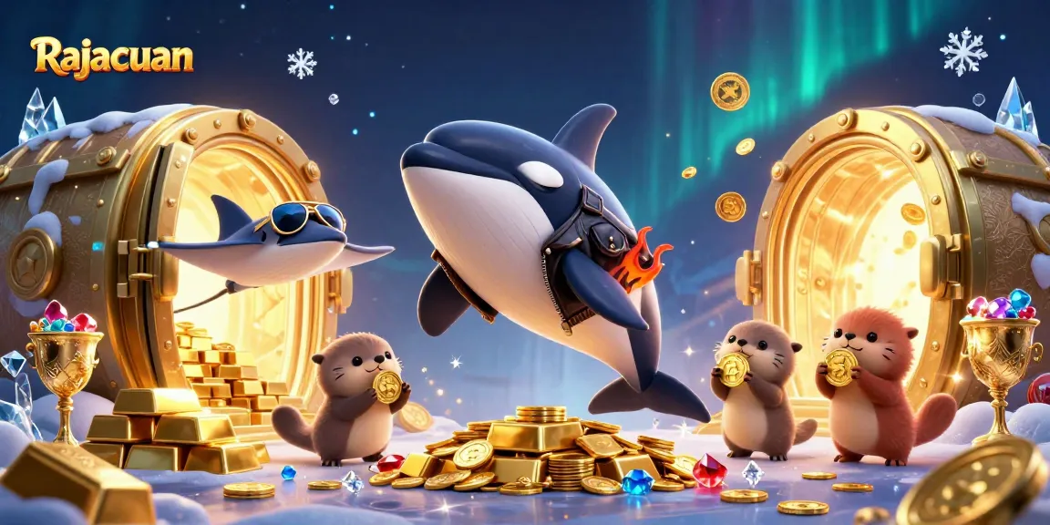 Rajacuan menampilkan orca, stingray, dan berang-berang laut dalam ilustrasi kasino berwarna cerah.