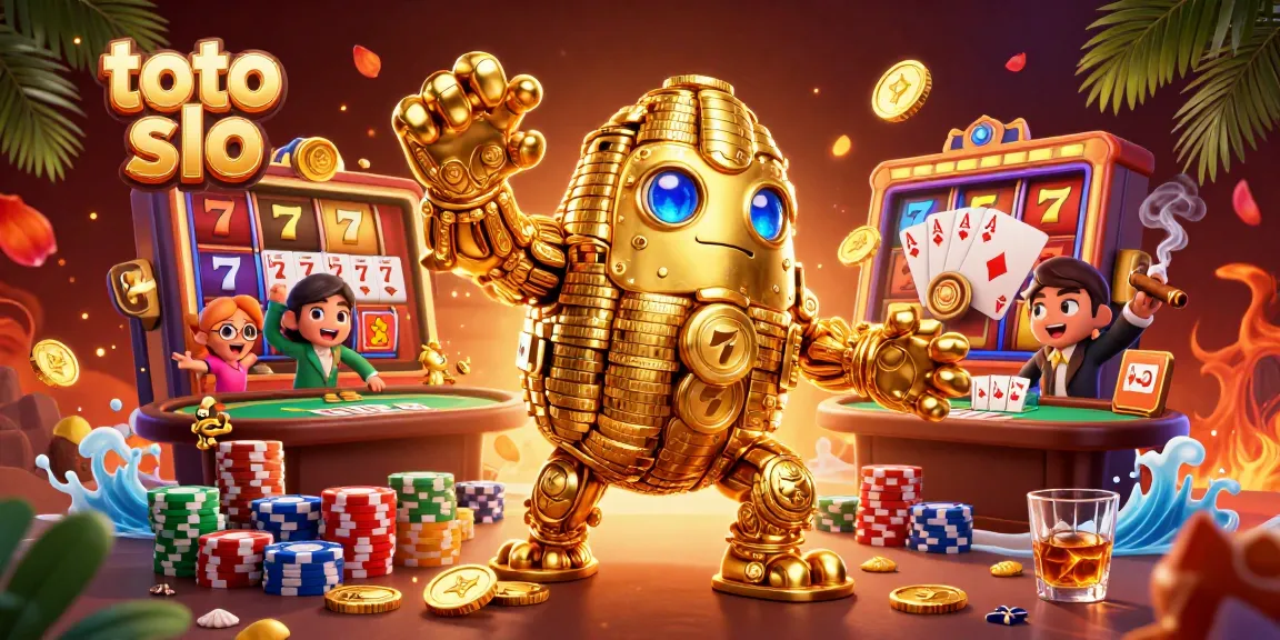 Spin and win on toto slo with golden golems and vibrant slot reels in a rich casino scene.