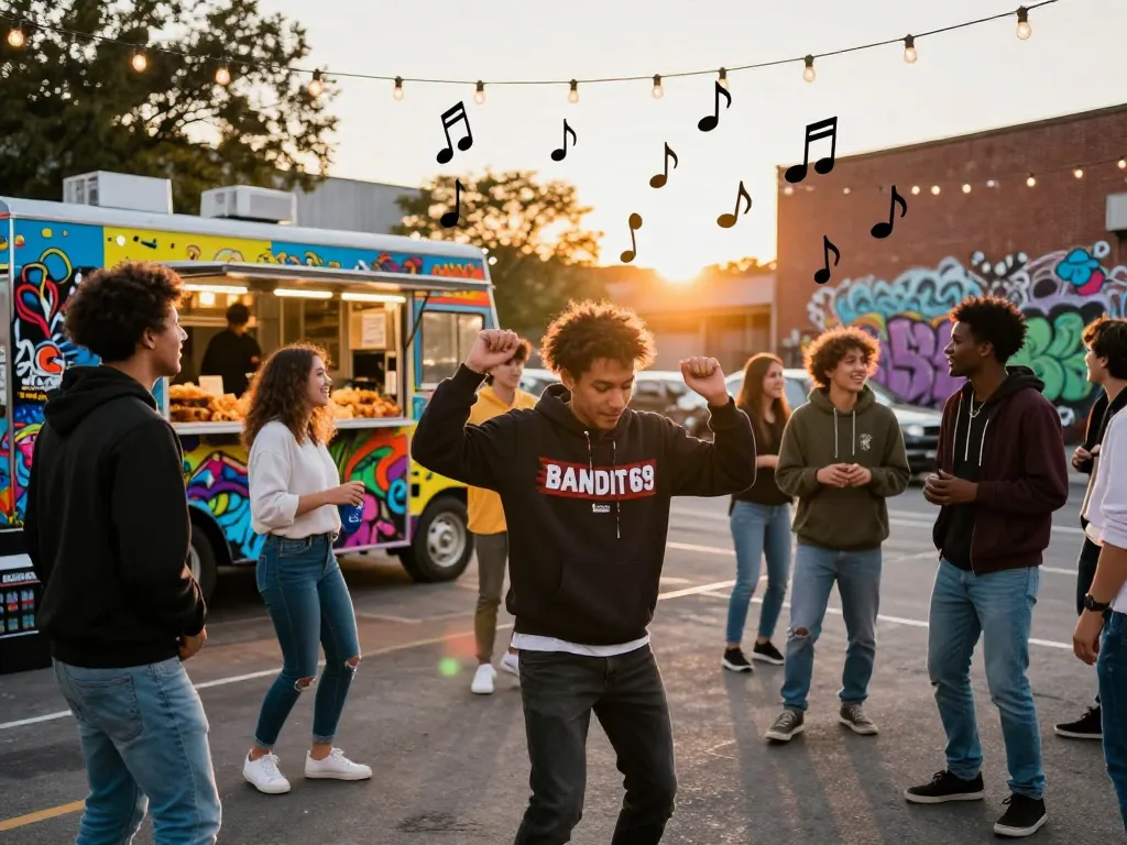 Friends at a block party featuring BANDIT69 hoodie, vibrant food trucks, and festive atmosphere.