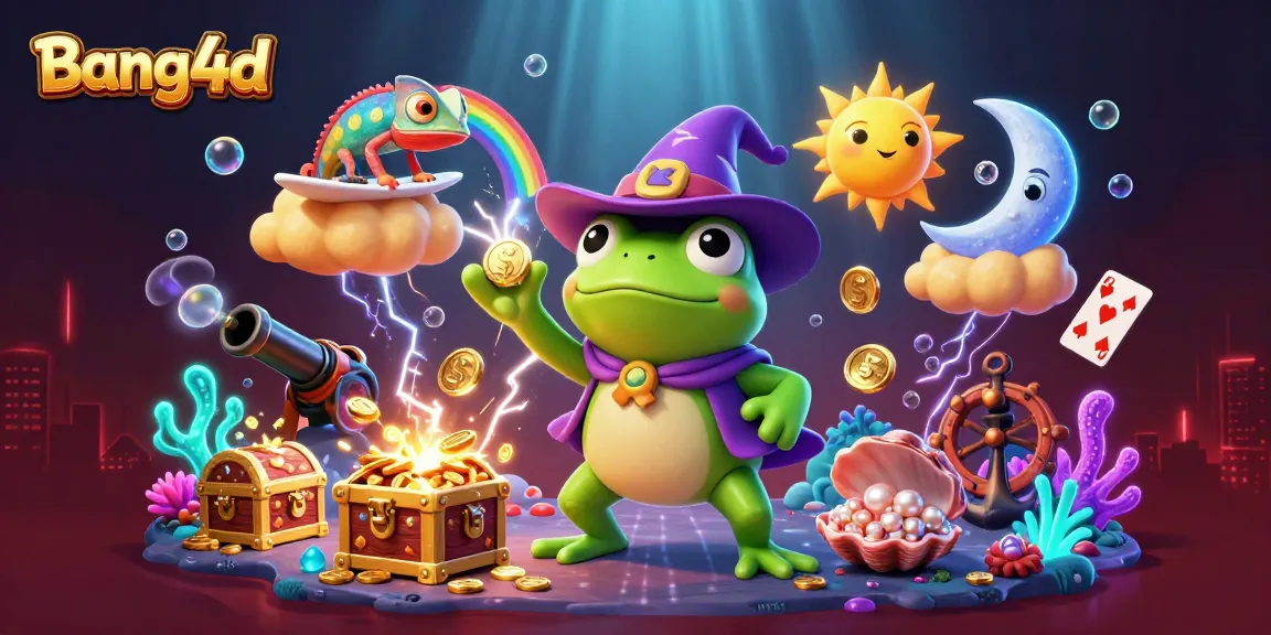 Win exciting rewards with bang4d as the wizard frog conjures coins and treasures in this vibrant casino illustration.