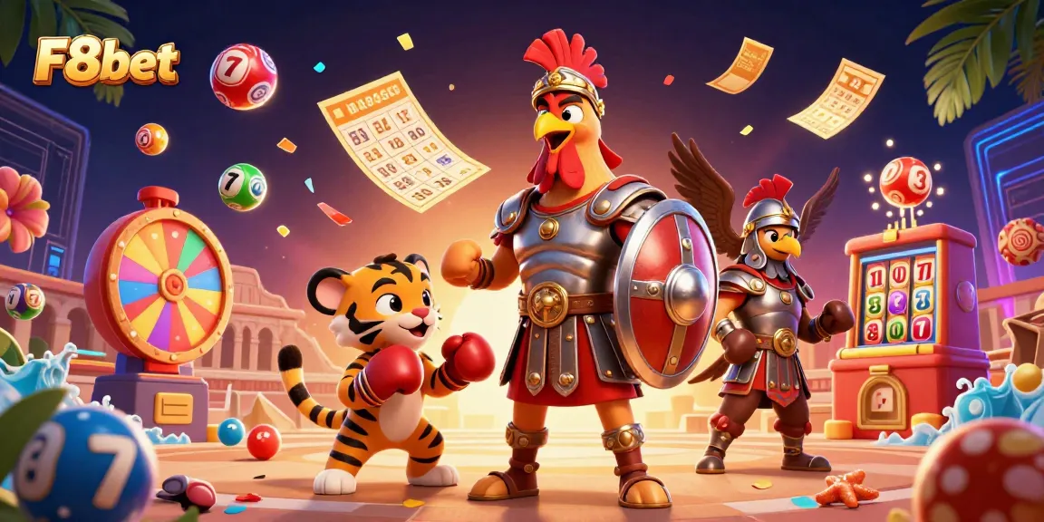F8bet showcases vibrant gaming action with a dynamic illustration of a gladiator rooster and a tiger cub amid colorful casino elements.