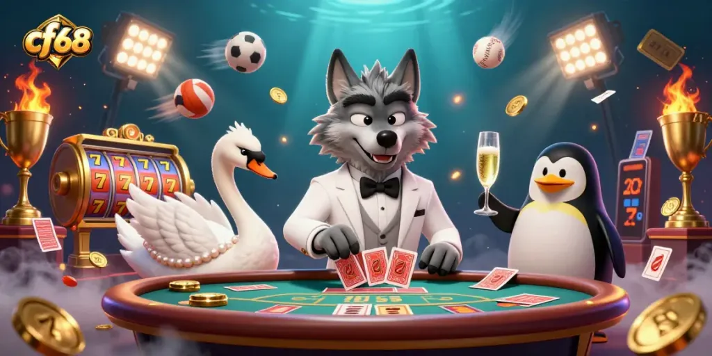 Engage in vibrant gameplay at cf68, where a debonair wolf and elegant swan deal cards amid exciting gambling elements.