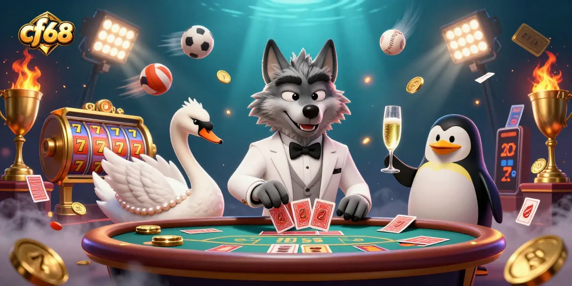 Engage in vibrant gameplay at cf68, where a debonair wolf and elegant swan deal cards amid exciting gambling elements.
