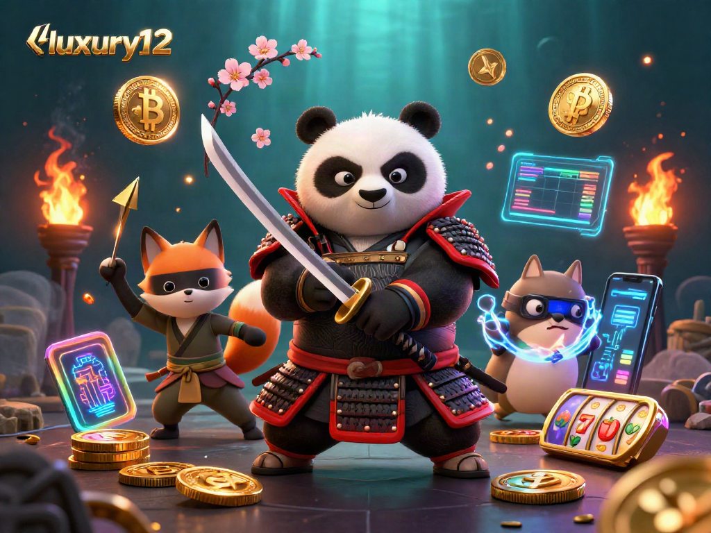 Engage in luxury12 gaming strategies with a dynamic 3D samurai panda and ninja fox illustration featuring crypto elements.