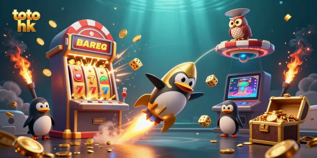 Menggali dunia toto hk dengan ilustrasi kartun 3D penguin emas yang mengeluarkan koin ke arah kasino intergalaksi.
