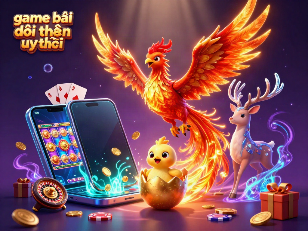 Engage in exciting rewards at game bài đổi thưởng uy tín featuring phoenixes, slot games, and vibrant casino elements.