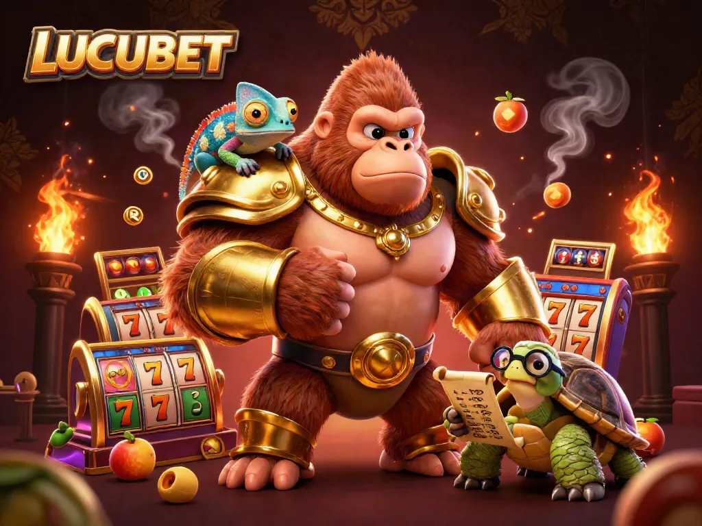 LUCUBET showcases a powerful gorilla king, chameleon spy, and wise tortoise in a vibrant casino-themed scene.