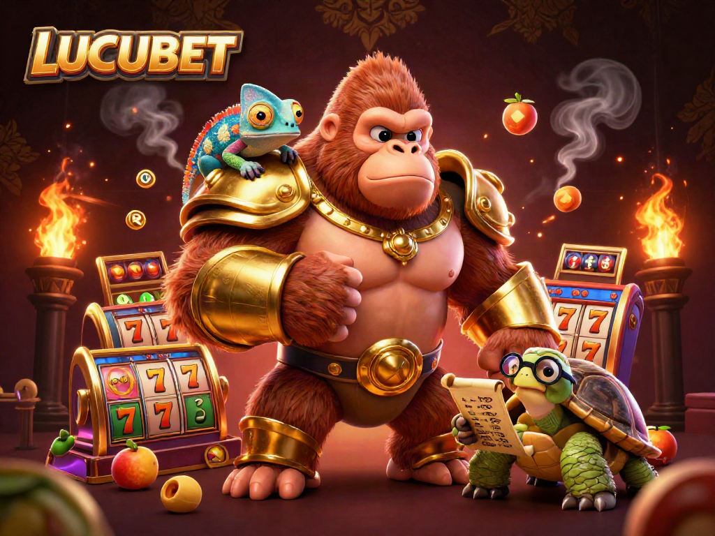 LUCUBET showcases a powerful gorilla king, chameleon spy, and wise tortoise in a vibrant casino-themed scene.