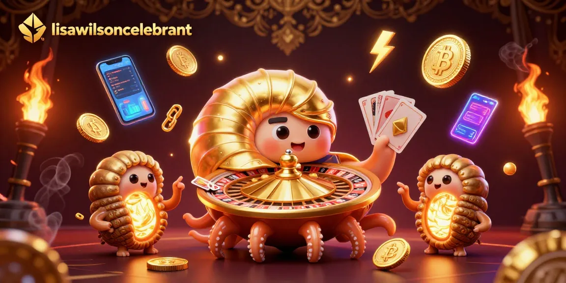 Lisawilsoncelebrant dalam suasana kasino penuh warna dengan nautilus emas dan koin crypto yang bersinar.