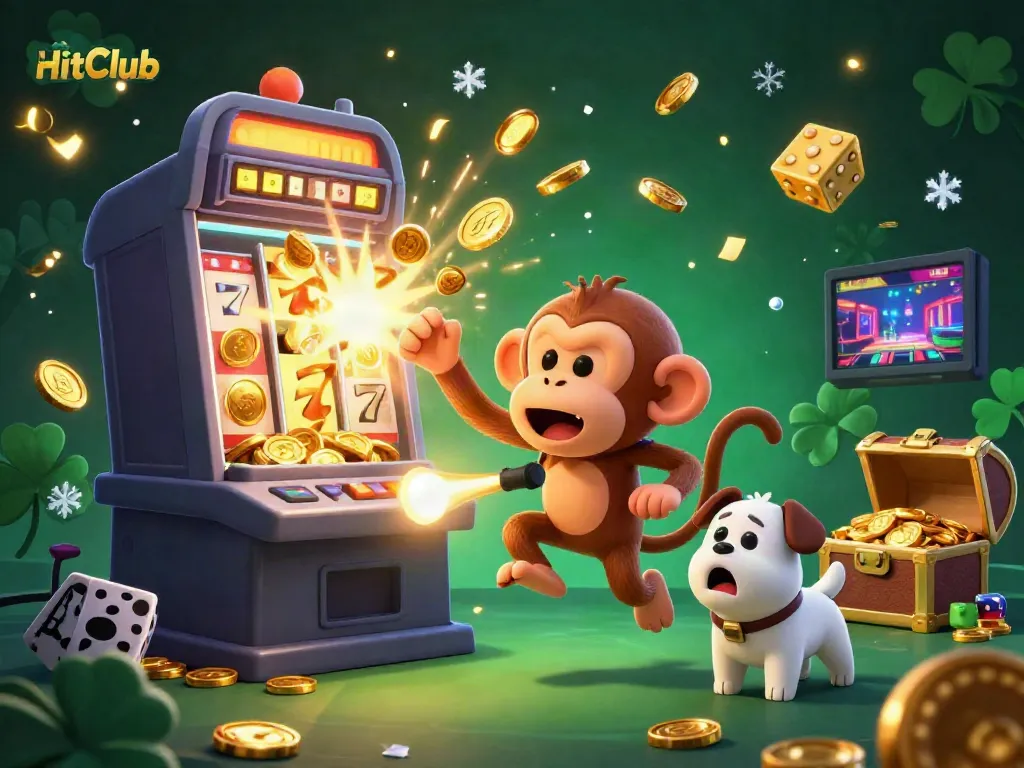 HitClub's lively casino scene with a mischievous monkey and a curious puppy exploring engaging game elements.