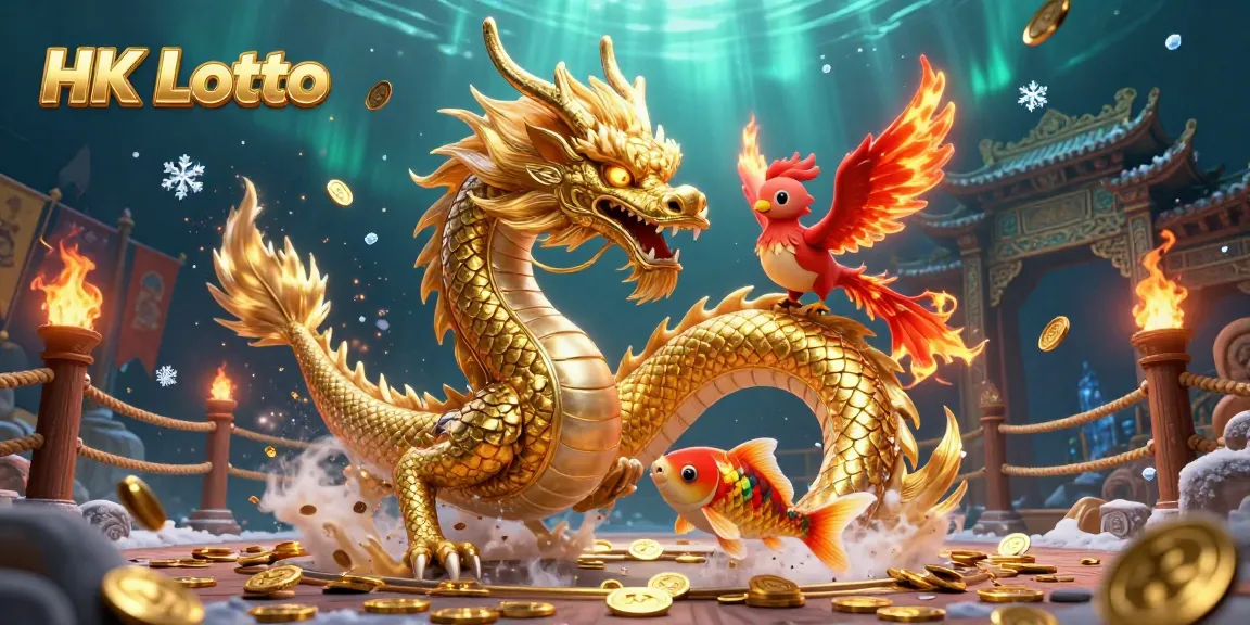 Engage with HK Lotto in a vibrant atmosphere filled with a golden dragon, phoenix, and koi fish, radiating excitement and fortune.