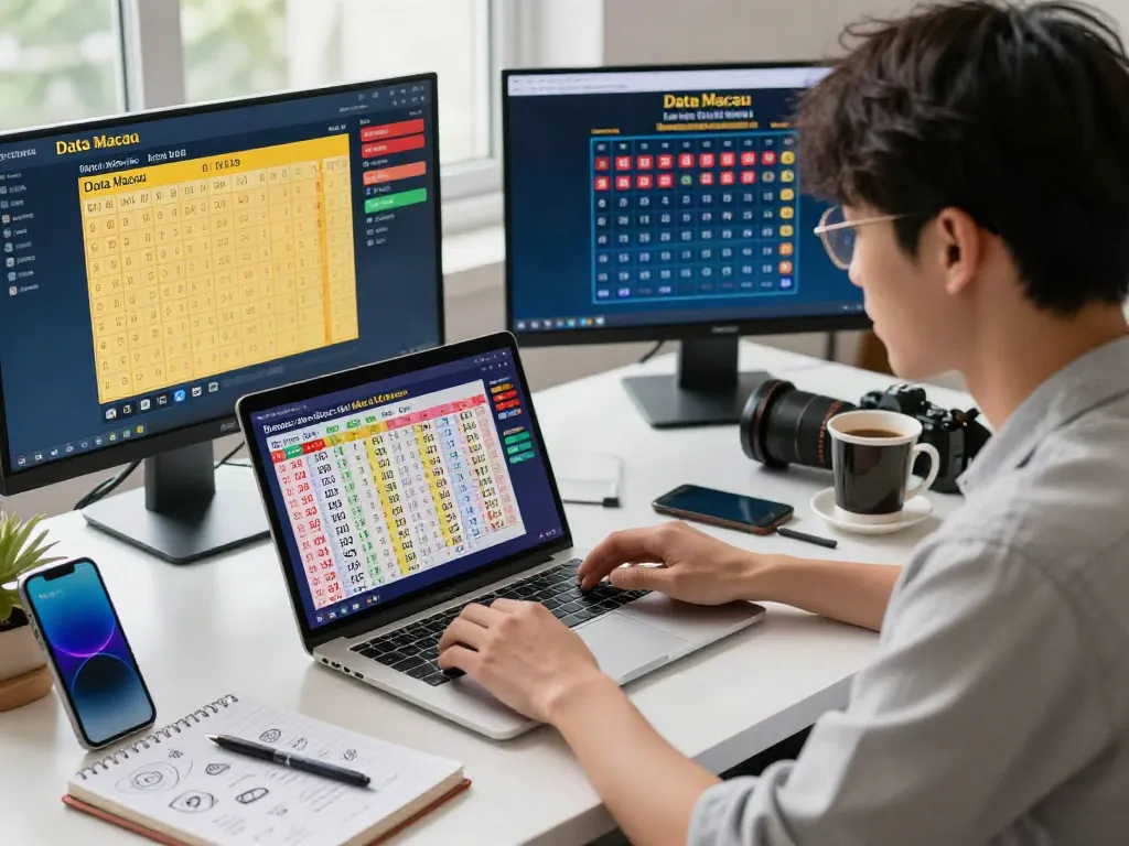 Pengguna memeriksa Data Macau di laptop dengan suasana modern dan cerah yang menunjukkan hasil Toto Macau 4D.