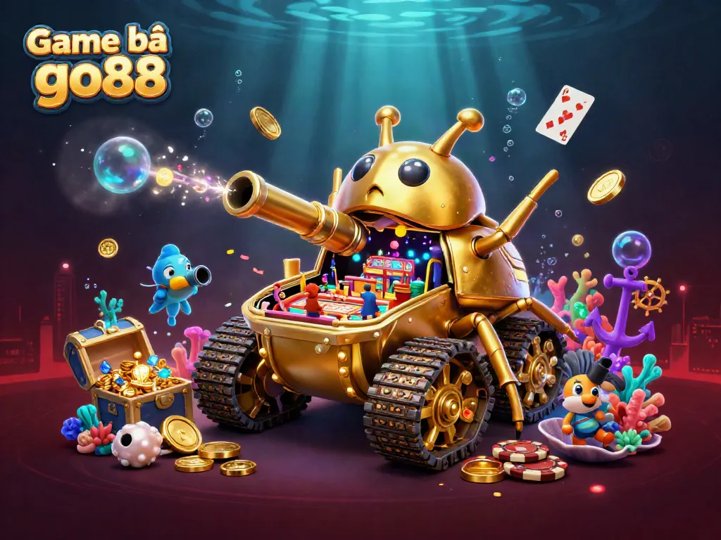 Engage in Game bài go88 with a vibrant, animated casino adventure featuring golden beetle tank and treasure.