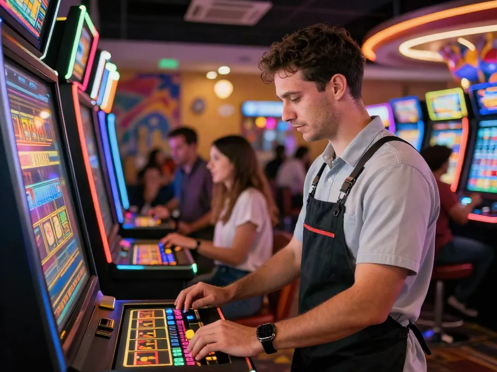 Local service provider installing slot toto machines in a gaming hall.