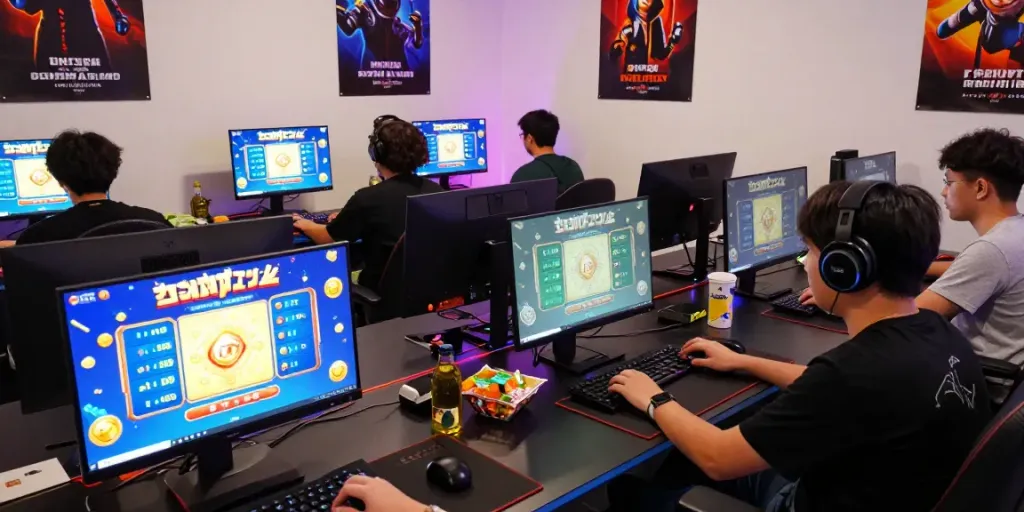 Para pemain aktif bermain natunatoto di ruang gaming modern, fokus pada layar dengan suasana ceria.