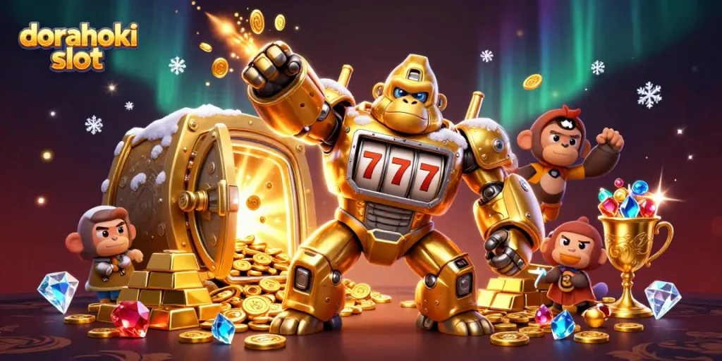 Mainkan dorahoki slot dengan gorila emas mekanik dan mesin slot yang memukau.