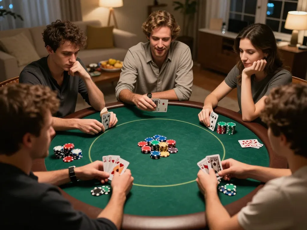 Playing cards and colorful chips at a home poker night, showcasing strategic gaming in a friendly atmosphere on a situs gacor.