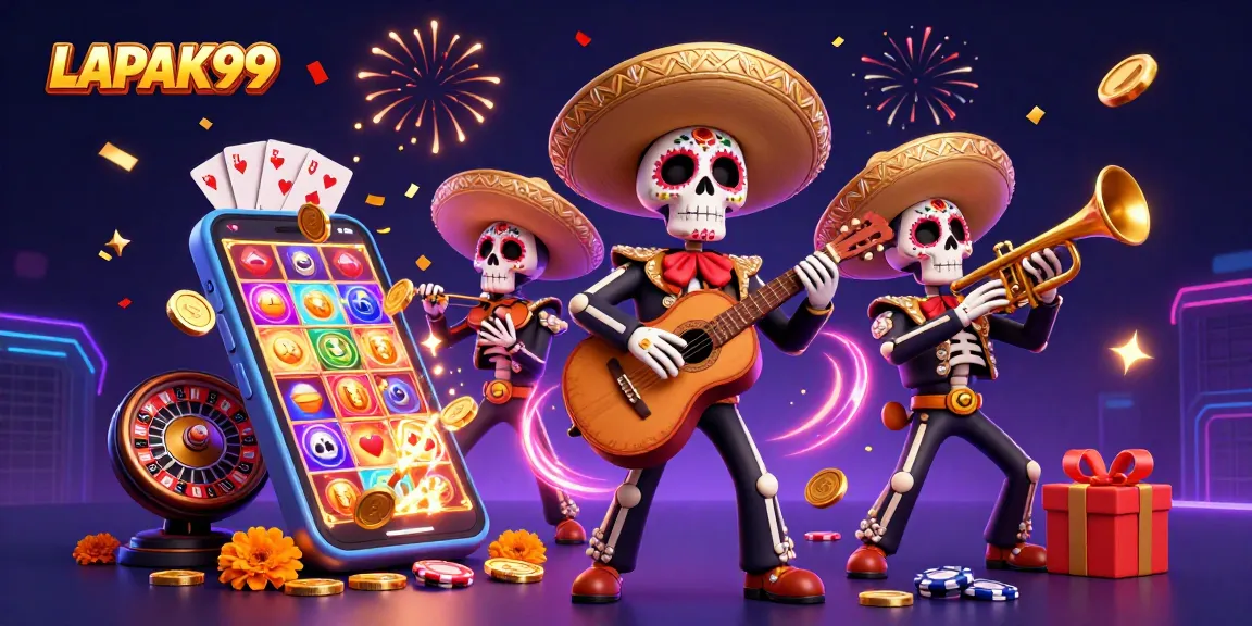 LAPAK99 offers an exciting gambling experience with vibrant skeleton mariachi band celebrating winning spins and jackpots.