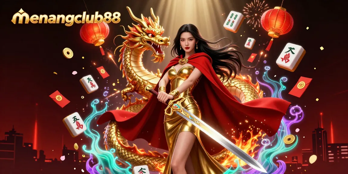 Experience the excitement of menangclub88 with a dynamic illustration featuring a warrior queen and gaming symbols.