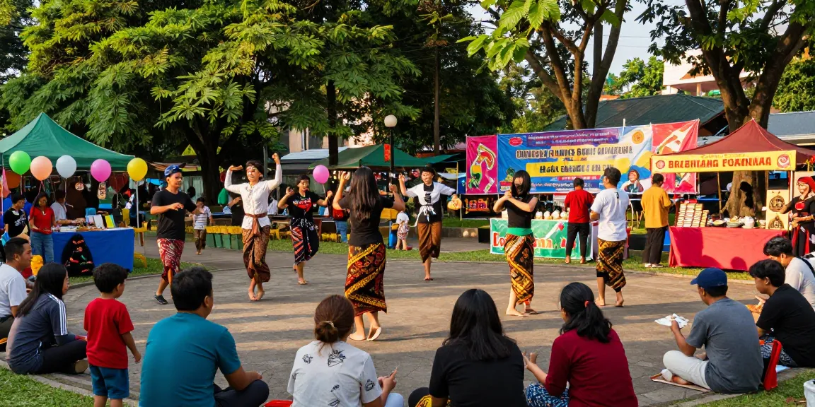 Acara komunitas Leci123 di taman lokal Indonesia, orang-orang berinteraksi dan menikmati budaya.