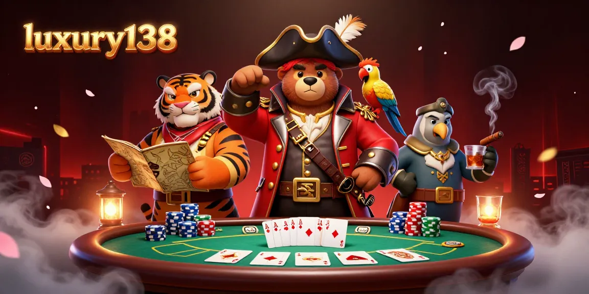 Luxurious gaming atmosphere with luxury138 featuring a pirate captain bear, tiger first mate, poker elements, and vibrant casino details.