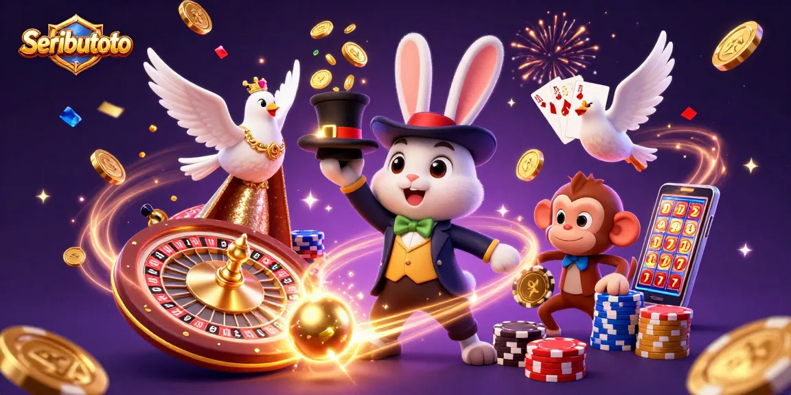 Experience Seributoto's vibrant casino scene with a magician rabbit, assistant dove, and monkey amidst casino elements.