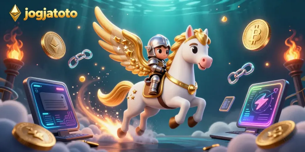 Experience the excitement of jogjatoto with a 3D fantasy scene of a knight on a celestial horse surrounded by crypto coins.