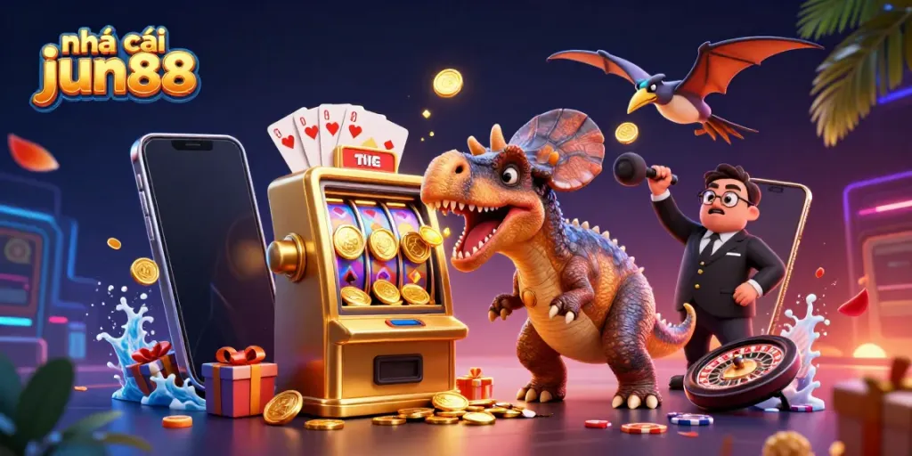 Jackpot celebration at nhà cái jun88, featuring a pachycephalosaurus winning coins from a slot machine.