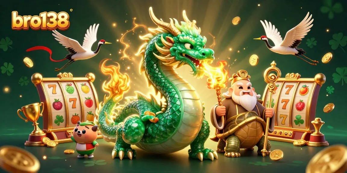 Engage with bro138's vibrant slots scene showcasing a jade dragon and lucky symbols for a thrilling gambling experience.