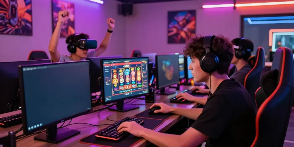 Pengalaman bermain slot gacor di lounge permainan modern dengan pemain merayakan kemenangan.